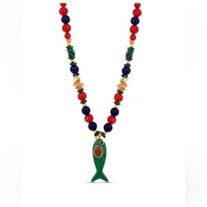 Colorful Beaded Fish Pendant Necklace — Green, Red & Blue